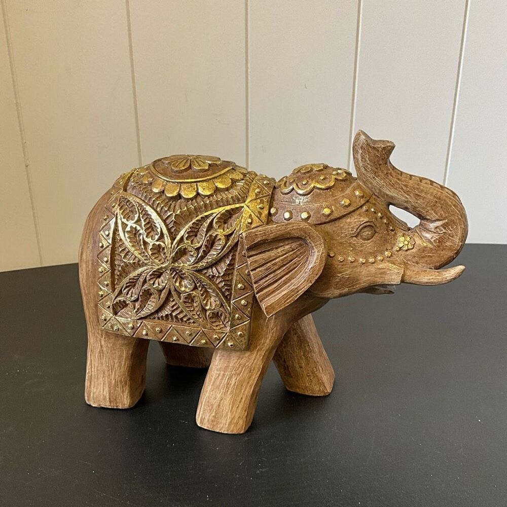 Wood Look Resin Carved Elephant Brown with Gold Accents Intricate Details 7.5"